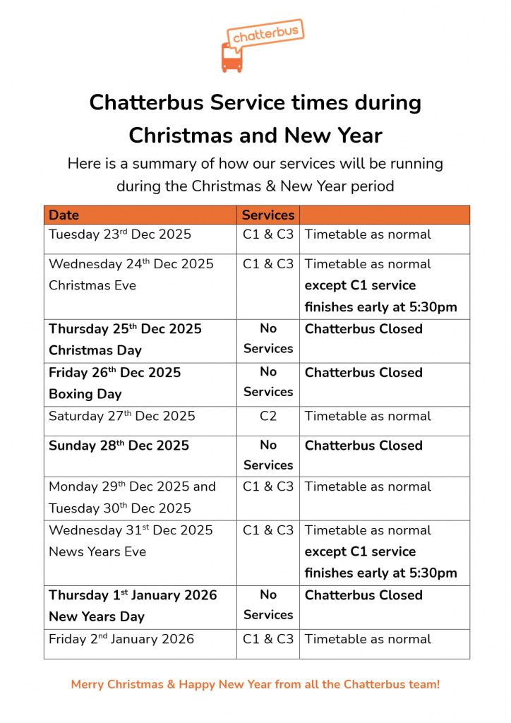 Chatterbus Service times during Christmas & New Year 2025-2026